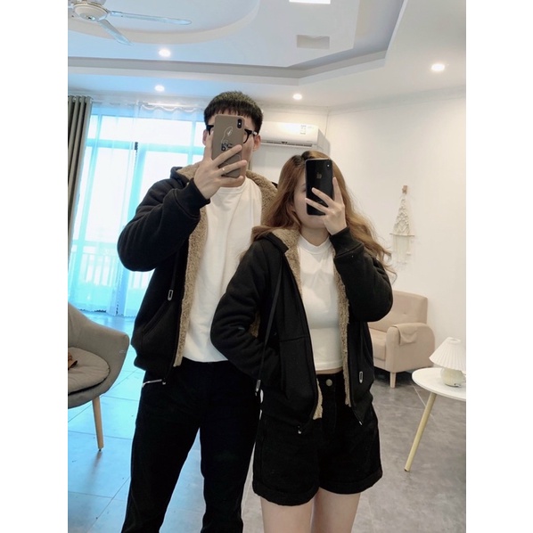 Áo khoác nỉ hodie mũ lót lông cừu nam nữ mặc đôi được