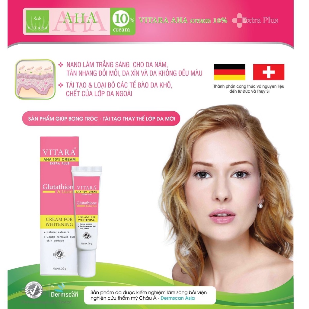 Kem dưỡng da mặt Vitara AHA 10% Cream Extra Plus dưỡng trắng cấp ẩm mờ nám giảm mụn 20g chính hãng thái lan