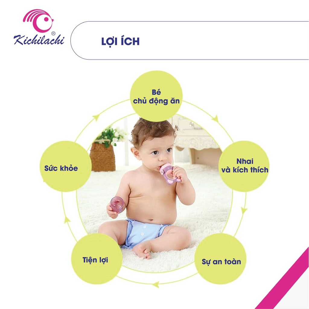 Túi nhai ăn dặm chống hóc 3 núm nhai kèm dây đeo Kichi cho bé