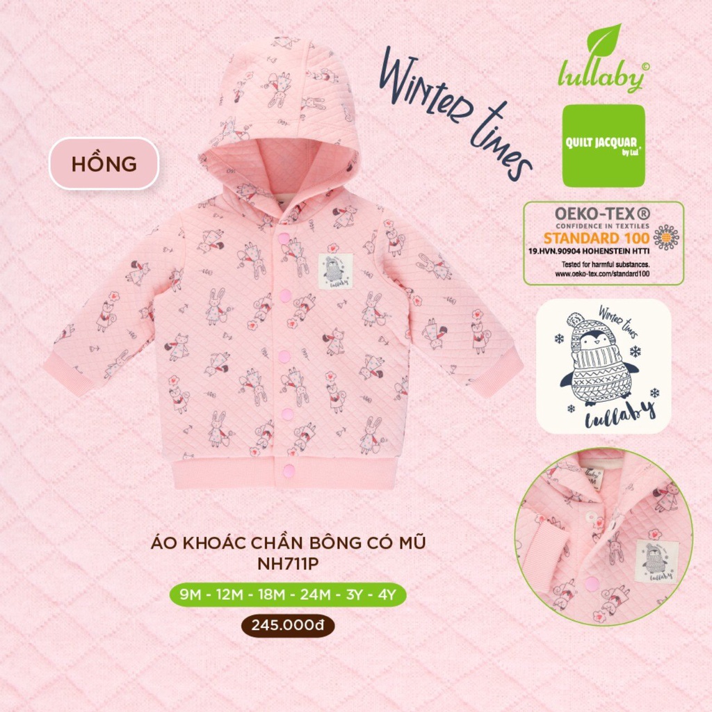 Áo khoác chần bông Lullaby NH125B, áo khoác có mũ bé trai, bé gái cao cấp