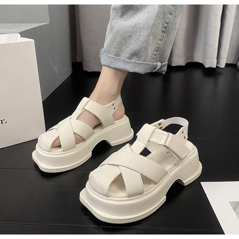 Giày sandal mũi rọ dây đan chéo đế xuồng chuẩn hàng quảng châu ulzzang