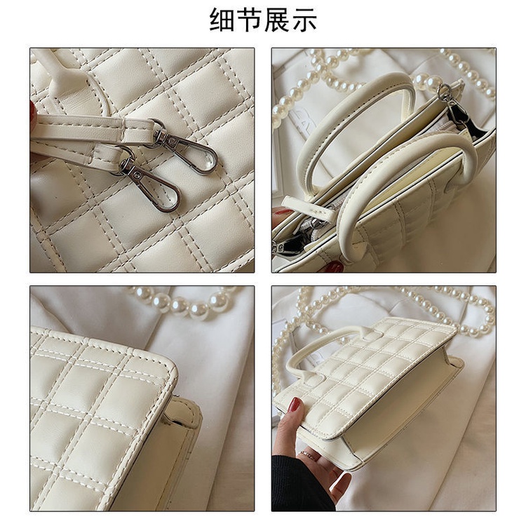 Túi đeo chéo dáng vuông phối dây đeo ngọc trai thời trang mùa hè thanh lịch cho nữ