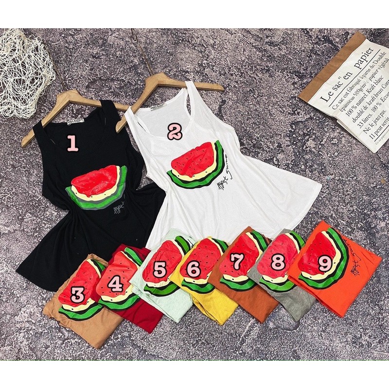 Áo thun giấy form rộng ba lỗ in hình dưa hấu