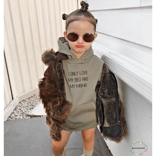 Đầm hoodie có nón tay dài in họa tiết chữ cái năng động thời trang dành cho bé gái