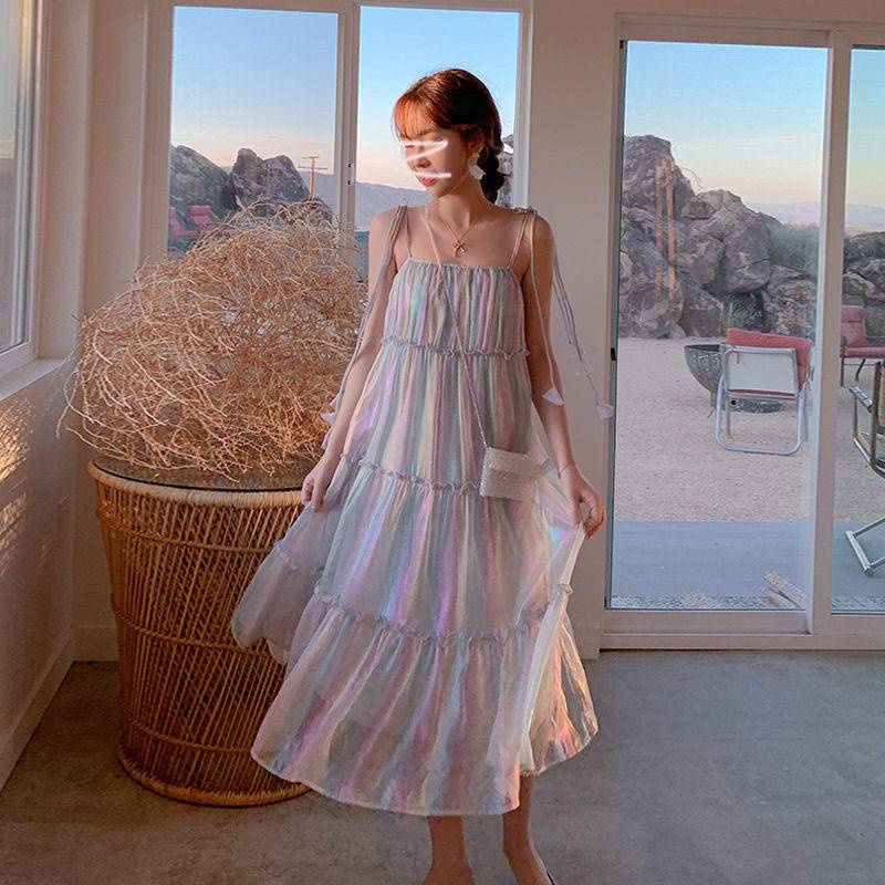 Đầm Chiffon Hai Dây Co Giãn Phối Bèo Màu Cầu Vồng Phong Cách Hàn Quốc