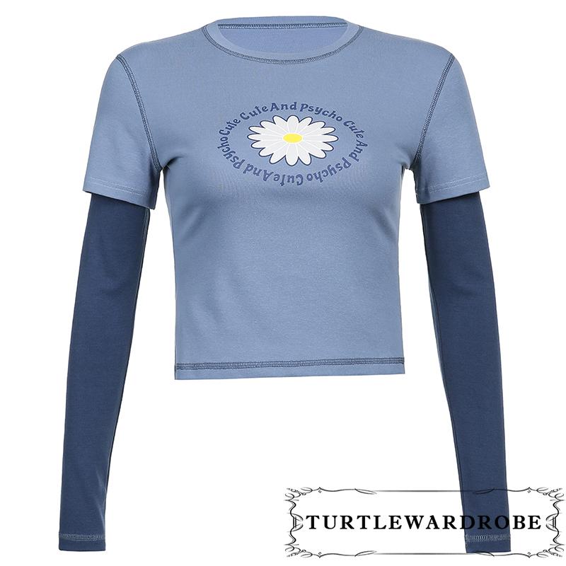 ◕‿◕Women Casual Long Sleeve T-shirt, Blue Round Collar Letters and Floral Printed Pattern Tops