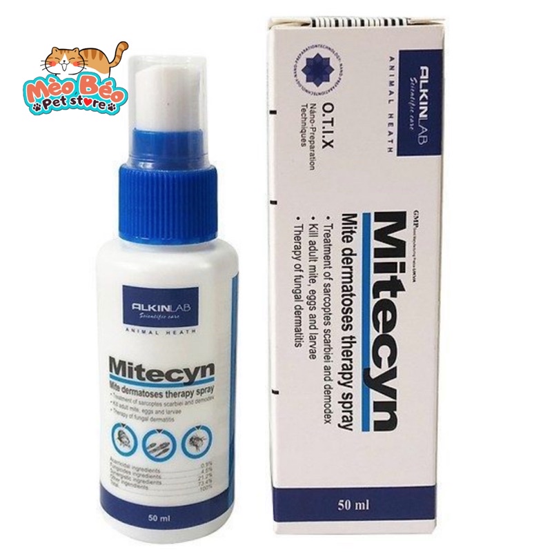 Alkin Fungikur - Mitecyn Thuốc xịt trị nấm ngứa ,viêm da, ghẻ xà mâu chó mèo 50ml