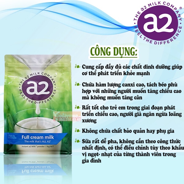 Sữa A2 nguyên kem của Úc (1Kg) tăng trưởng chiều cao cân nặng vị ngọt thanh mát