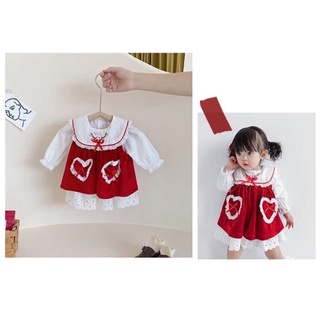 Set váy nhung đỏ cổ nơ bé gái