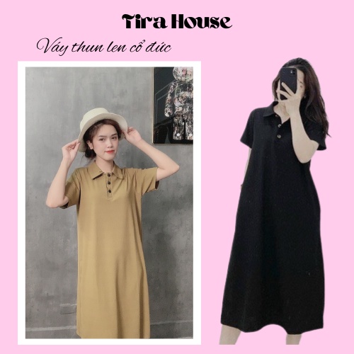 Váy len suông cổ đức, đầm thun ba khuy cúc dọc, đầm dáng dài form rộng - VL208 - Tirahouse