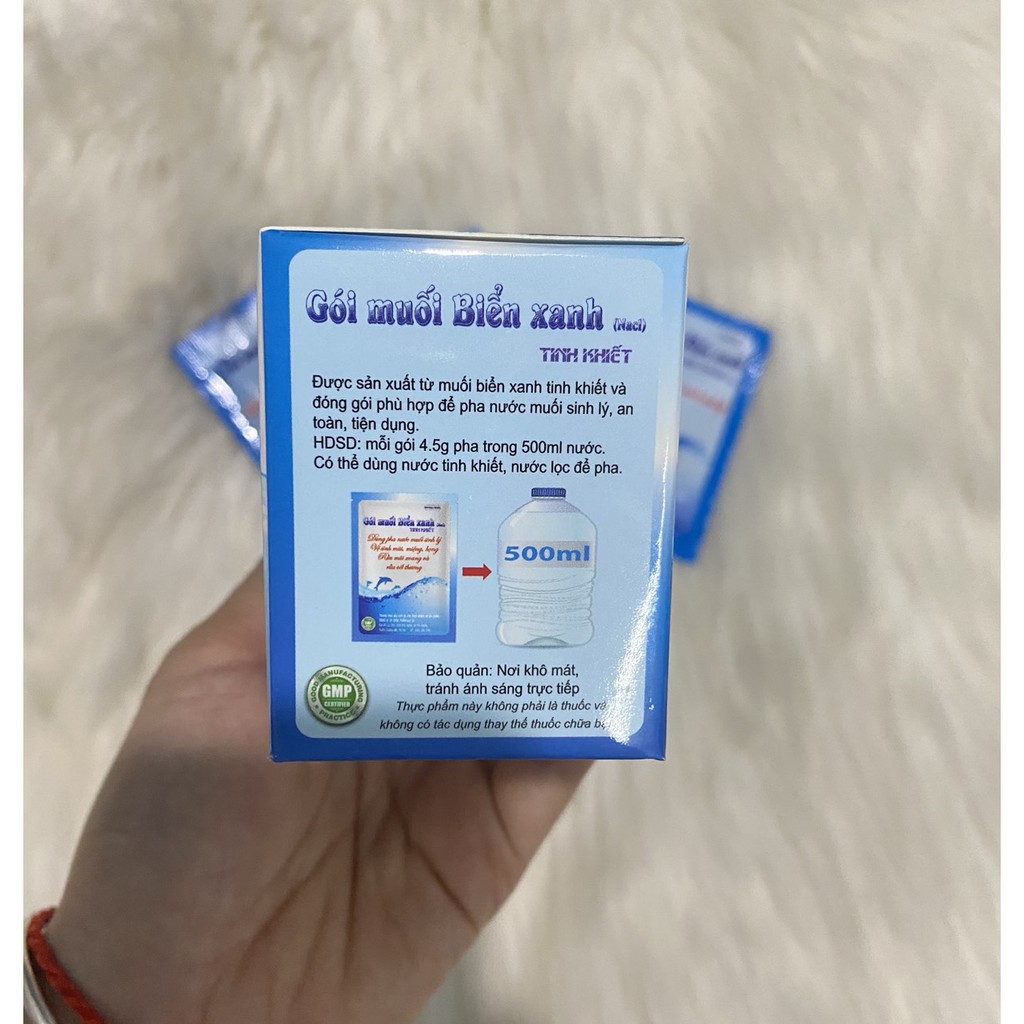 Gói MUỐI BIỂN XANH tinh khiết(NaCl)hộp 20 gói - Pha nước muối sinh lý, vệ sinh miệng, mũi, rửa mũi xoang, rửa vết thương