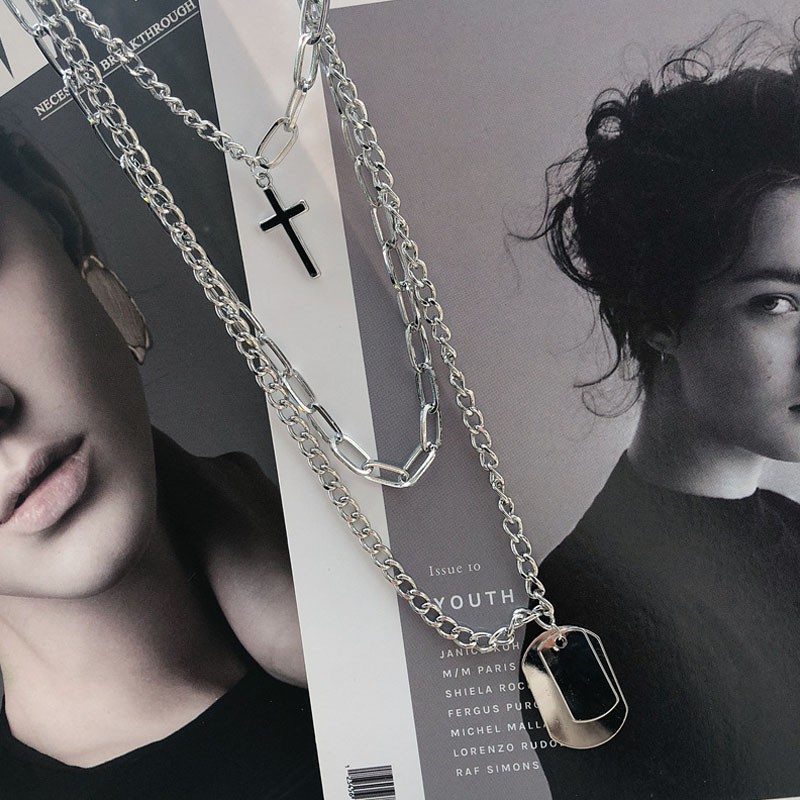 ♥Silver Chains Cross Necklace Couple Fashion Street Hip Hop Geometri