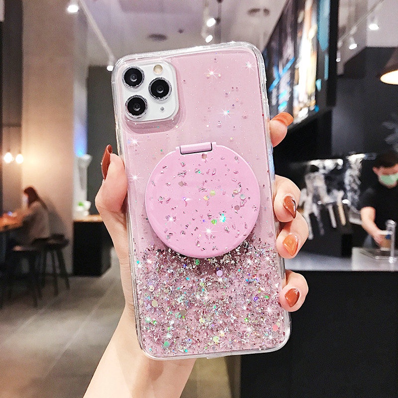 Case iPhone 12 Mini 11 Pro Max 6 6S 7 8 Plus X XR XS XS Max SE 2020 Epoxy Silver Foil Glitter Phone Case With a round mirror