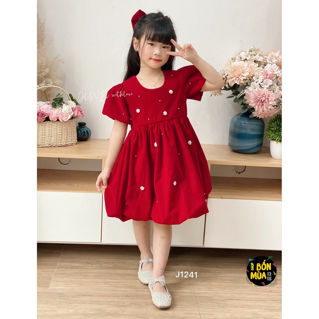 Đầm Nhung Đỏ Cho Bé Gái 10-40kg 🍇🍇 Đầm Phồng Cho Bé Gái - Shop Bốn Mùa