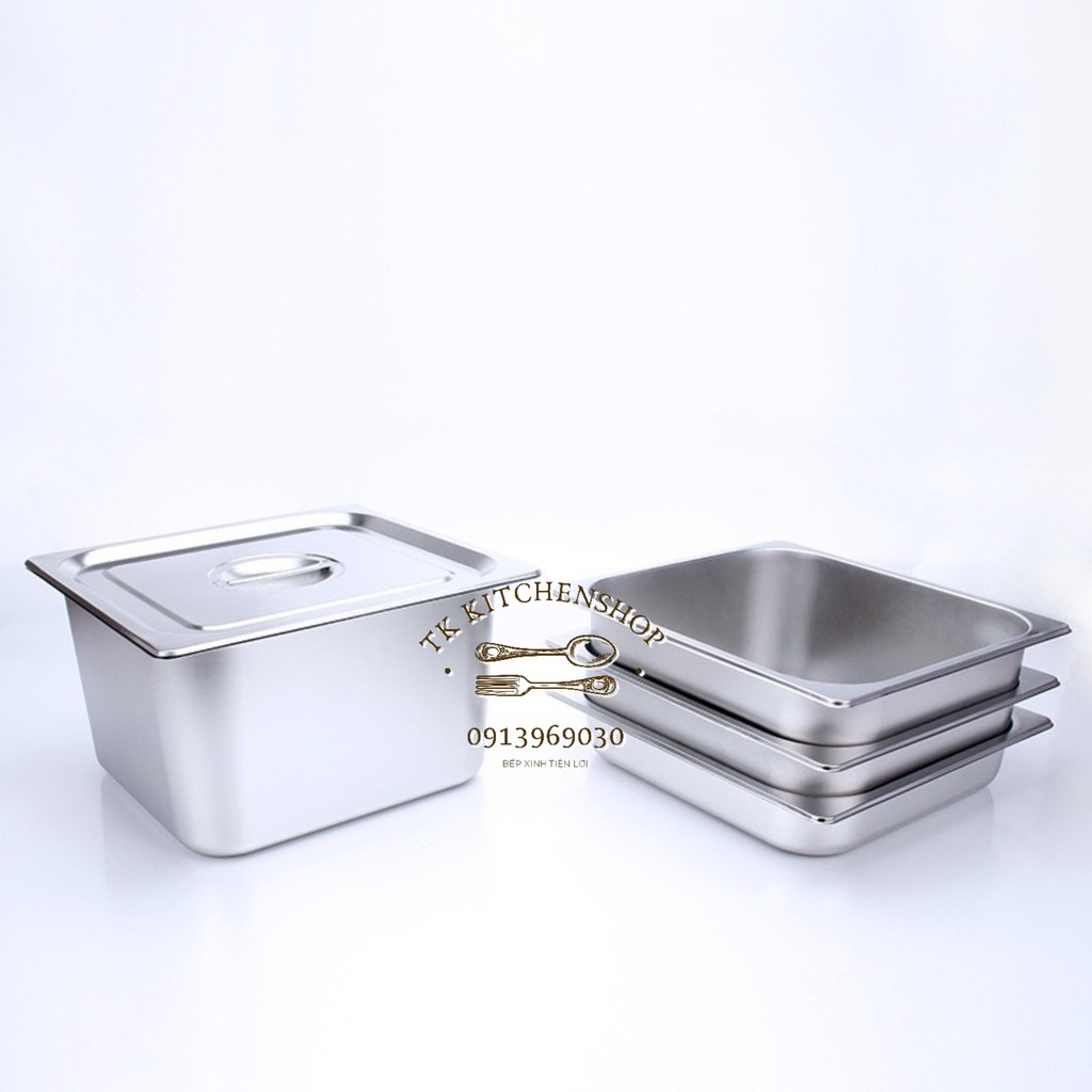 Khay inox đựng thực phẩm có nắp GN 2/3, Khay inox 2/3 kích thước 32,5x35,5cm đựng topping thach, đồ ăn, inox dày loại 1