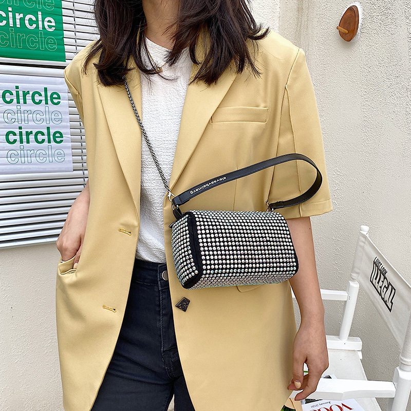 Túi đeo chéo dây xích, túi xách tay nữ mini dạng hộp vuông đính đá một ngăn kéo khóa