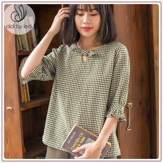 Áo kiểu nữ cổ tròn, thời trang công sởDIDI BY LEDI tay lỡ vải Cotton màu Xanh caro size S M  A756