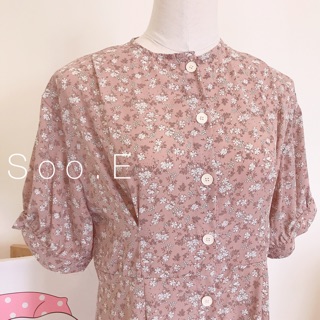 Đầm hoa vintage, nút ngực (Hồng đất, Xanh dương, Trắng)