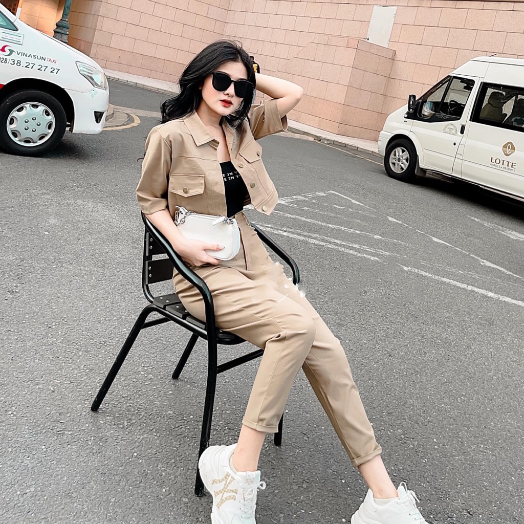 Set Bộ Kaki Nữ Áo Croptop Quần Dài ( ảnh thật ) | BigBuy360 - bigbuy360.vn