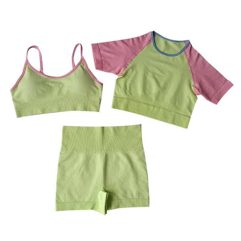 Đồ tập gym Yoga Gồm Bra + Áo Mỏng Tay Ngắn + Quần Short Không Đường May Chống Sốc