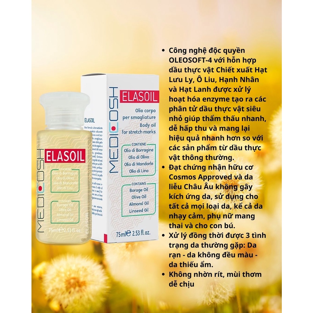 Dầu Rạn Da Cho Bà Bầu, Sau Sinh Medicosh Elasoil 75ml