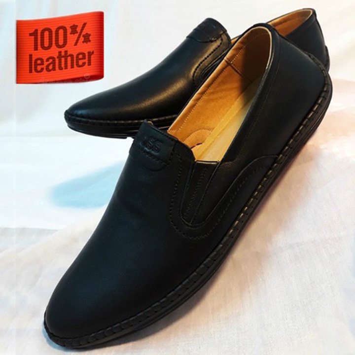 Giày mọi lười Slip on nam da bò nguyên tấm đế cao su siêu nhẹ êm chân phom việt thon gọn đế khâu bền bỉ