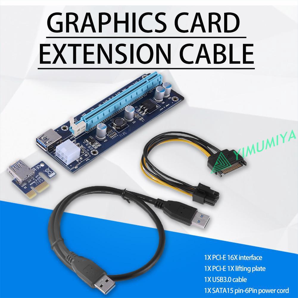 YI Blue PCI-E Express 1x to 16x Riser Card 6Pin USB 3.0 Cable for BTC Miner