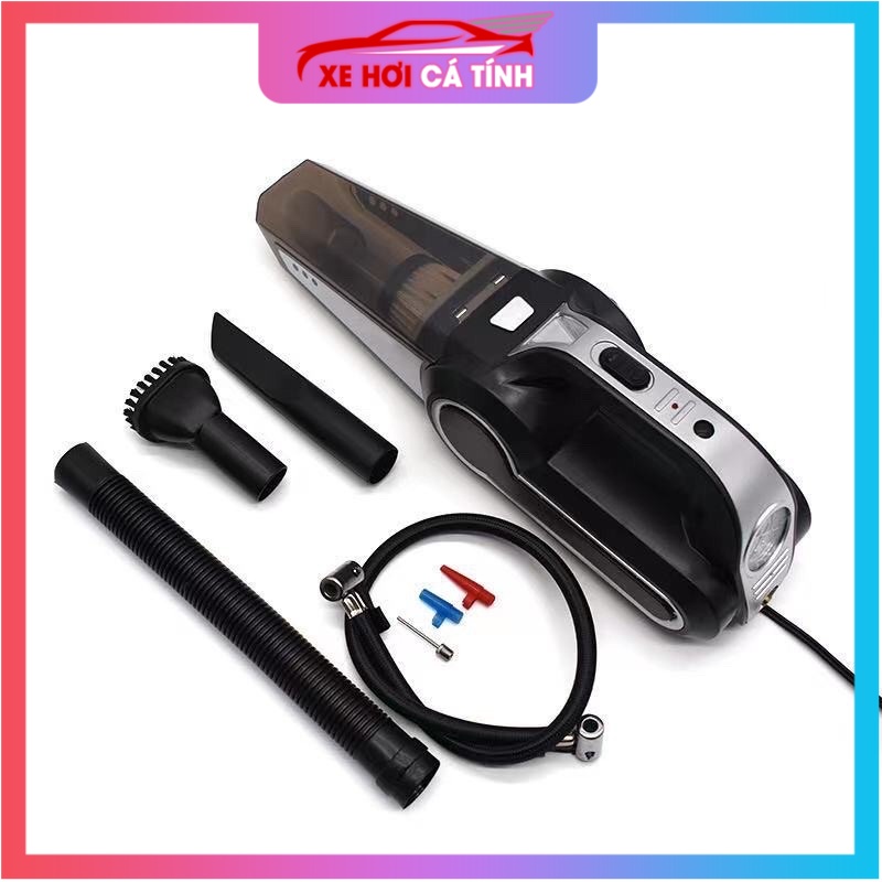 Máy Hút Bụi Ô Tô - Máy Bơm Lốp Ô Tô -  Đa Năng 4 Trong 1 - Hút Bụi, Bơm Lốp, Đo Áp Suất Lốp, Đèn Pin Chiếu Sáng