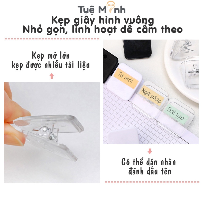 Kẹp giấy hình vuông K69 Kẹp bướm mini kẹp tài liệu ghi chú đánh dấu màu trong suốt/đen/trắng
