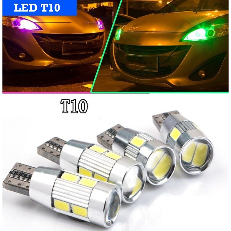 Bóng LED T10 đèn xi nhan, đèn demi xe máy ô tô 10 chip có thấu kính T10 10SMD 5630