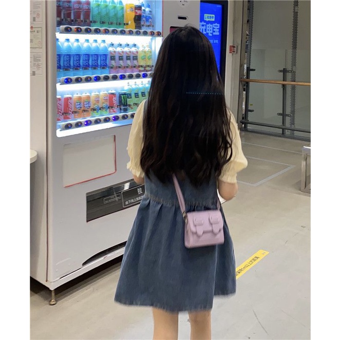 Bộ Áo Tay Phồng Cổ Búp Bê Phối Ren + Chân váy jean Sát Nách Đáng Yêu Cho Nữ