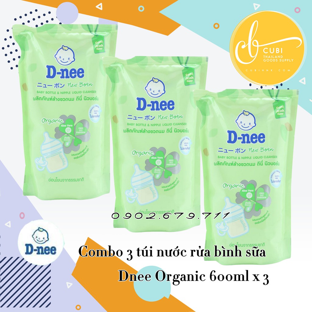 Bộ 3 túi nước rửa bình sữa Dnee Organic 600ML