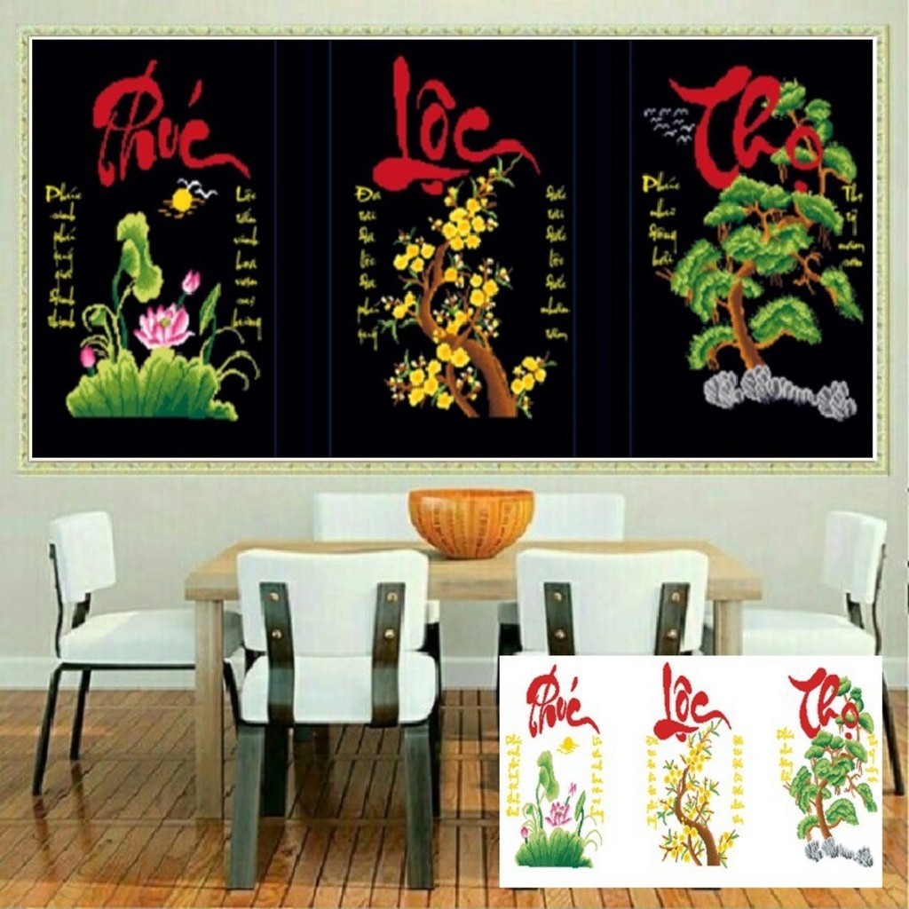 Tranh đính đá Phúc Lộc Thọ LV099 kích thước:147cm x 69cm