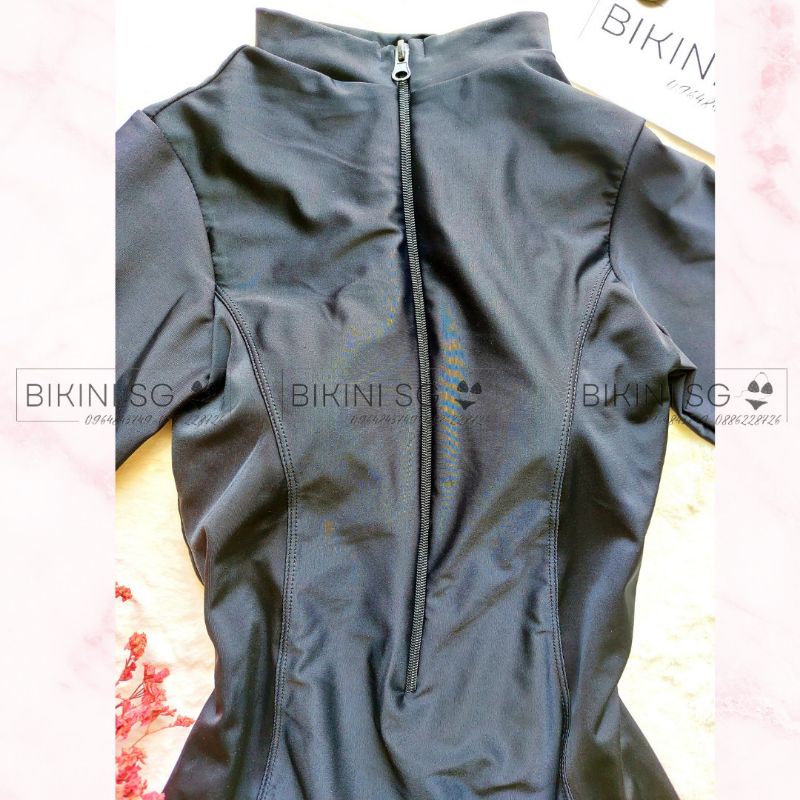 Đồ bơi, bikini tay dài khóa kéo liền thân 1 mảnh mẫu quần đùi màu đen đi biển hoạt động thể thao tiện lợi