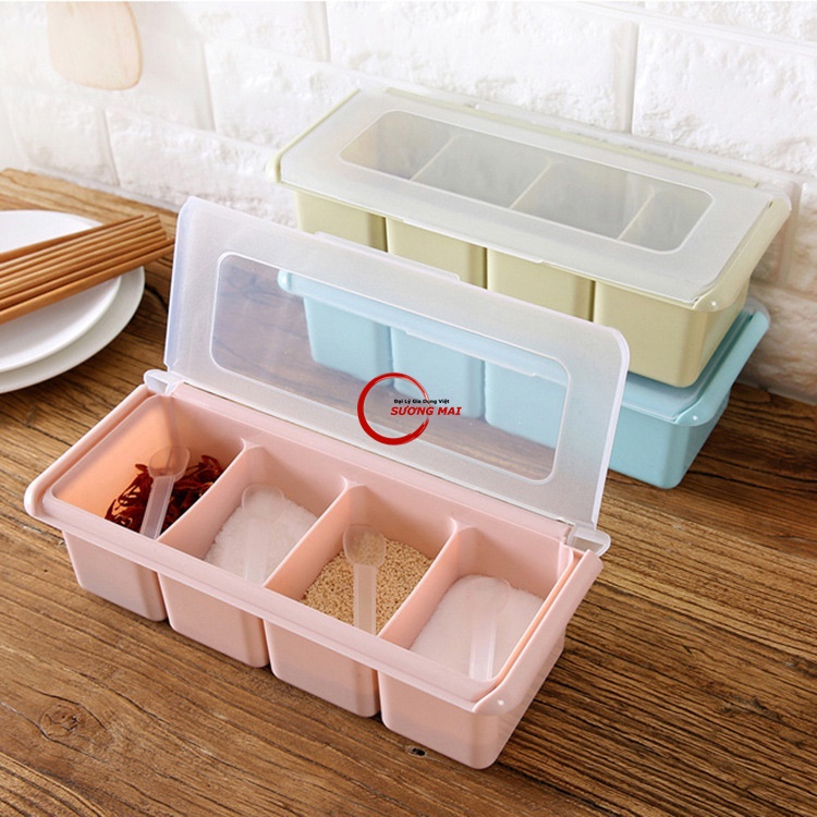 [Giá Sỉ] Bộ Hộp Đựng Gia Vị Kèm Muỗng, 3 Ngăn 4 Ngăn
