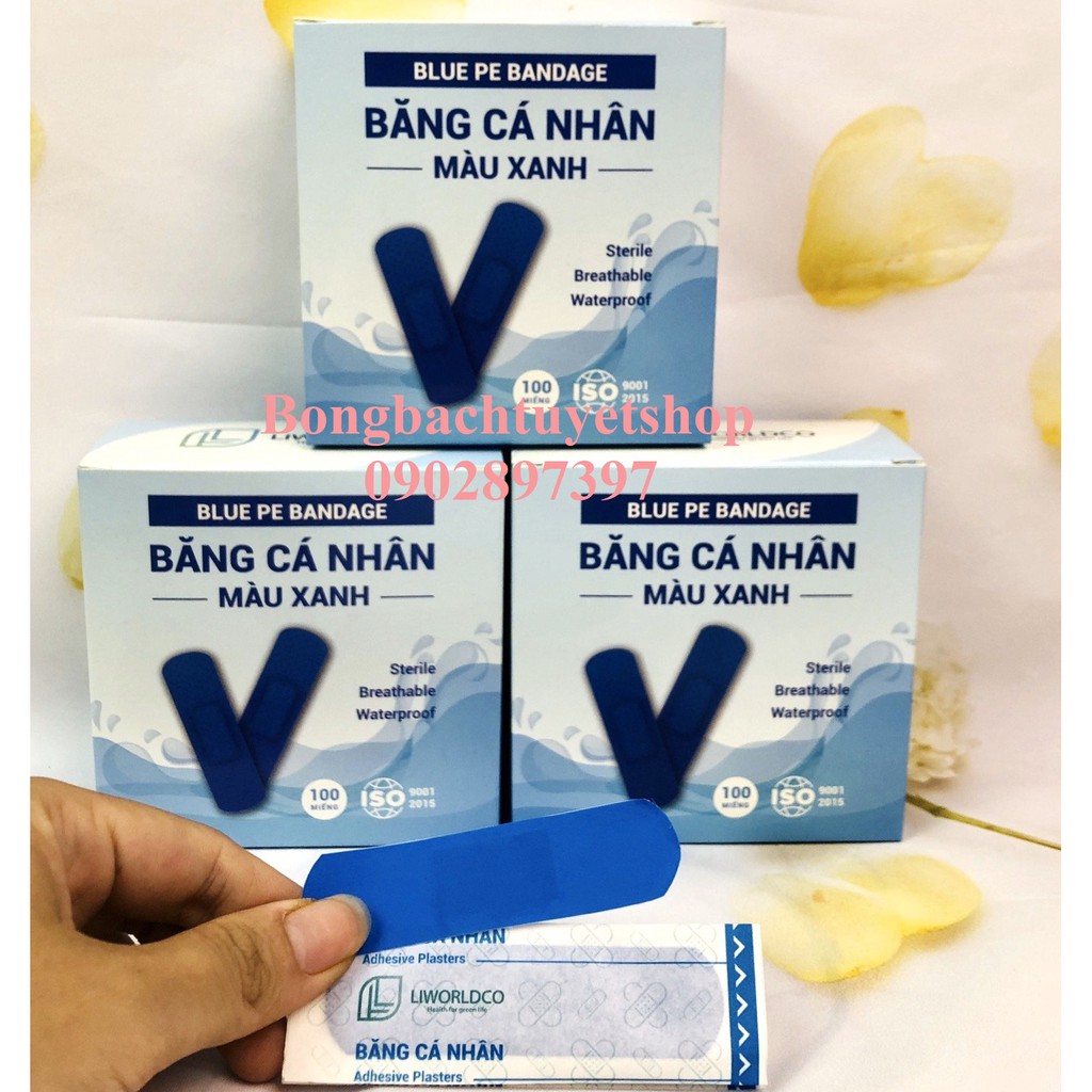 Băng cá nhân Màu Xanh chăm sóc vết thương sóc vết thương hộp 100 miếng - Băng keo cá nhân sơ cứu vết thương