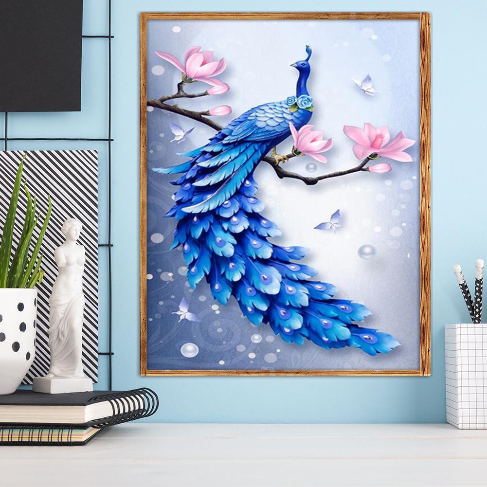 Bộ tranh thêu đính đá hình chim công xanh lam 5D trang trí nội thất DIY