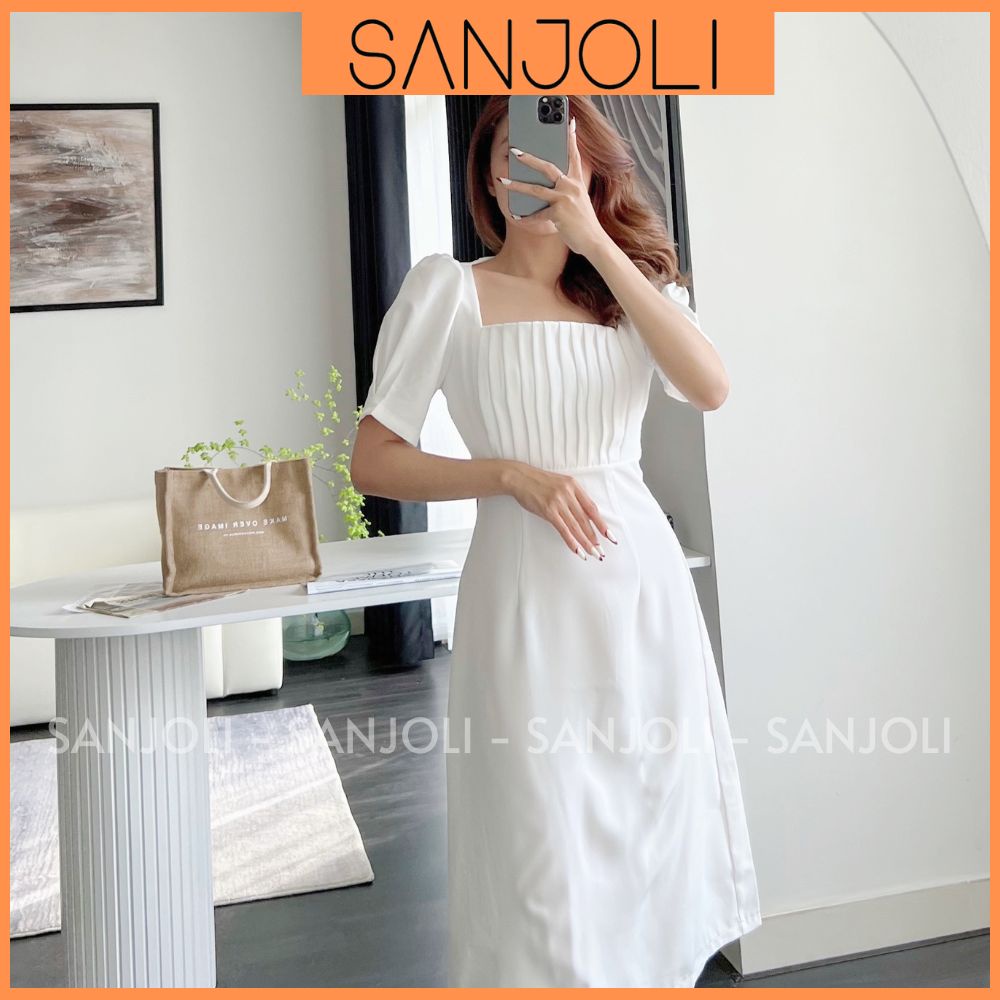 Váy Công Sở Nữ SANJOLI Đầm Dự Tiệc Thiết Kế Cổ Vuông Tay Phồng Họa Tiết Xếp Ly Phong Cách Hàn Quốc Sang Trọng VDE17