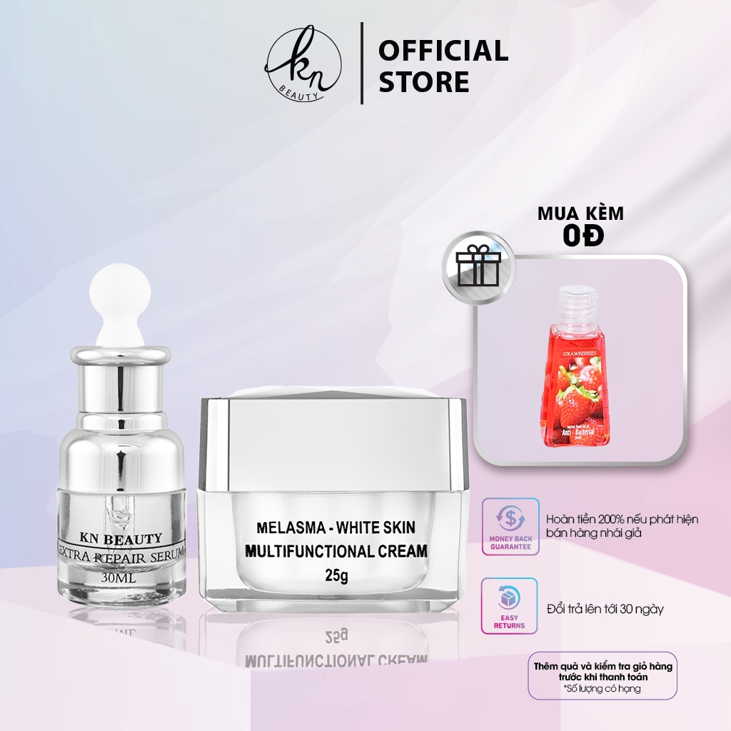 Combo 2 sản phẩm Trắng Da Ngừa Nám KN Beauty chuyên sâu: Kem dưỡng 25g + Serum 30ml (tặng son + gel rửa tay)