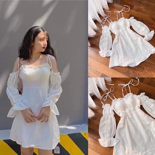 Đầm Dự Tiệc Trắng Cột Dây Trễ Vai