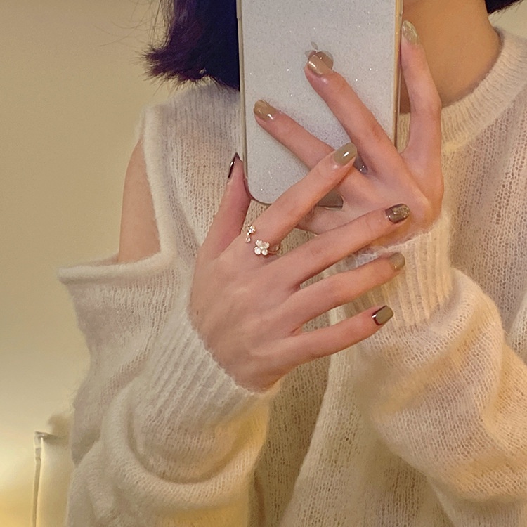 Korean Style Elegant Artificial Pearl Floral Adjustable Open Ring For Women