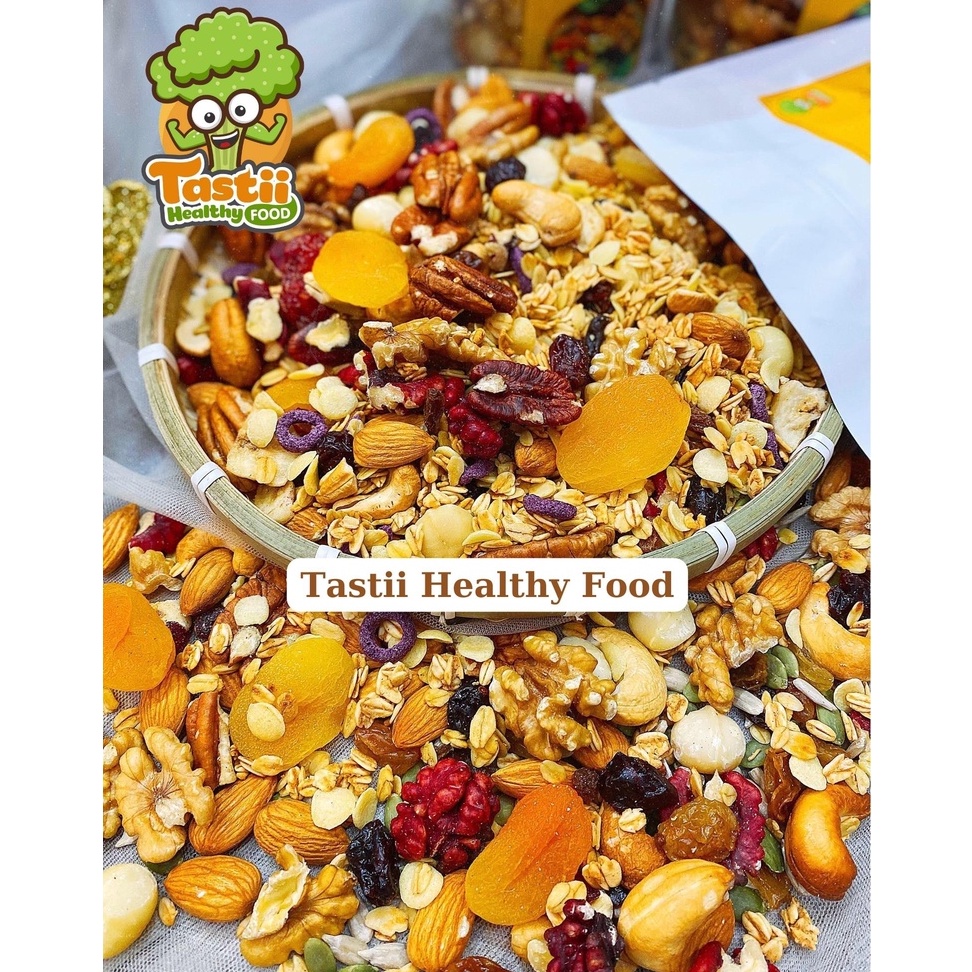 Ngũ cốc granola yến mạch sấy vị mật ong Tastii mix 16 loại hạt và trái cây nhập khẩu chất lượng loại 1 ăn kiêng giảm cân