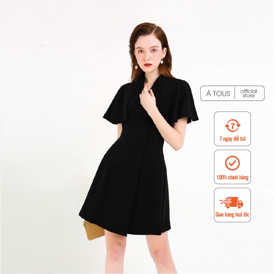 Đầm ngắn ÀTOUS GEMINA xoè phủ vai đính cúc trước