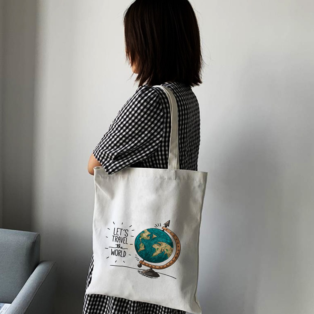 Túi Vải Tote Đeo Vai Đi Học Đi Làm TRAVEL THE WORLD - Túi Canvas Du Lịch Thời Trang mã TA029