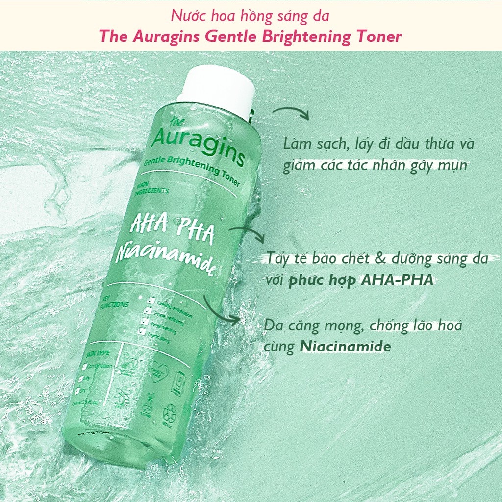 Nước Hoa Hồng Sáng Da, loại bỏ dầu thừa The Auragins Gentle Brightening Toner 150ml