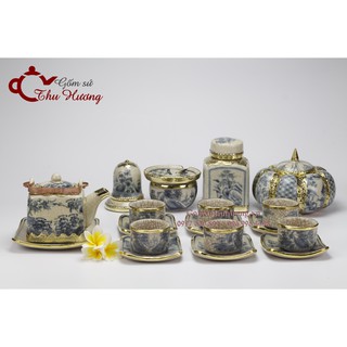 ấm chén Bát Tràng giả cổ bọc đồng_Bộ trà dáng Vuông kèm phụ kiện & quả bí