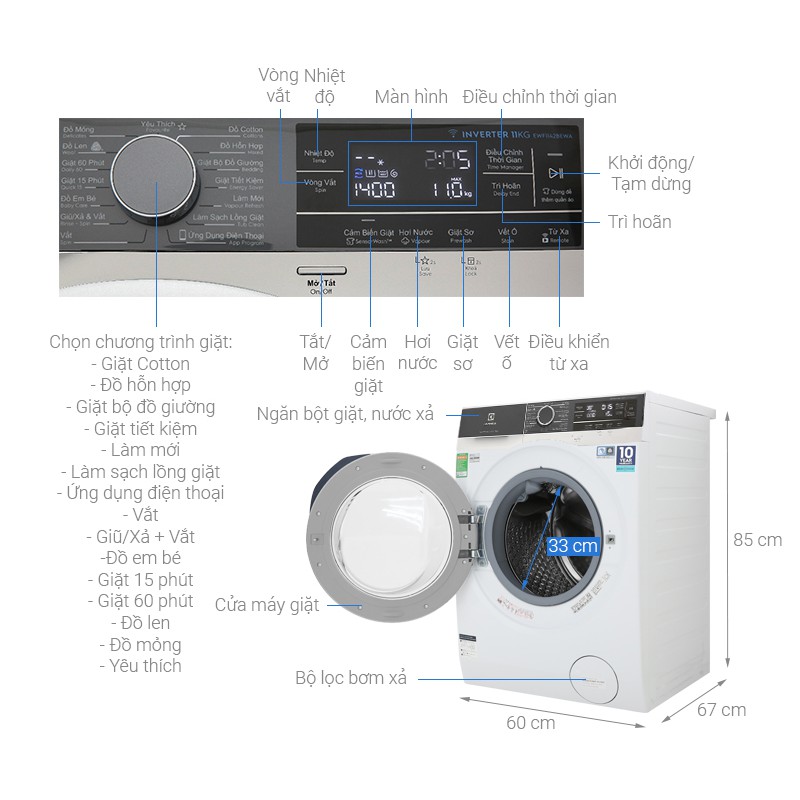 Máy giặt Electrolux 11 kg EWF1142BEWA (2019)(Miễn phí giao tại HCM-ngoài tỉnh liên hệ shop)