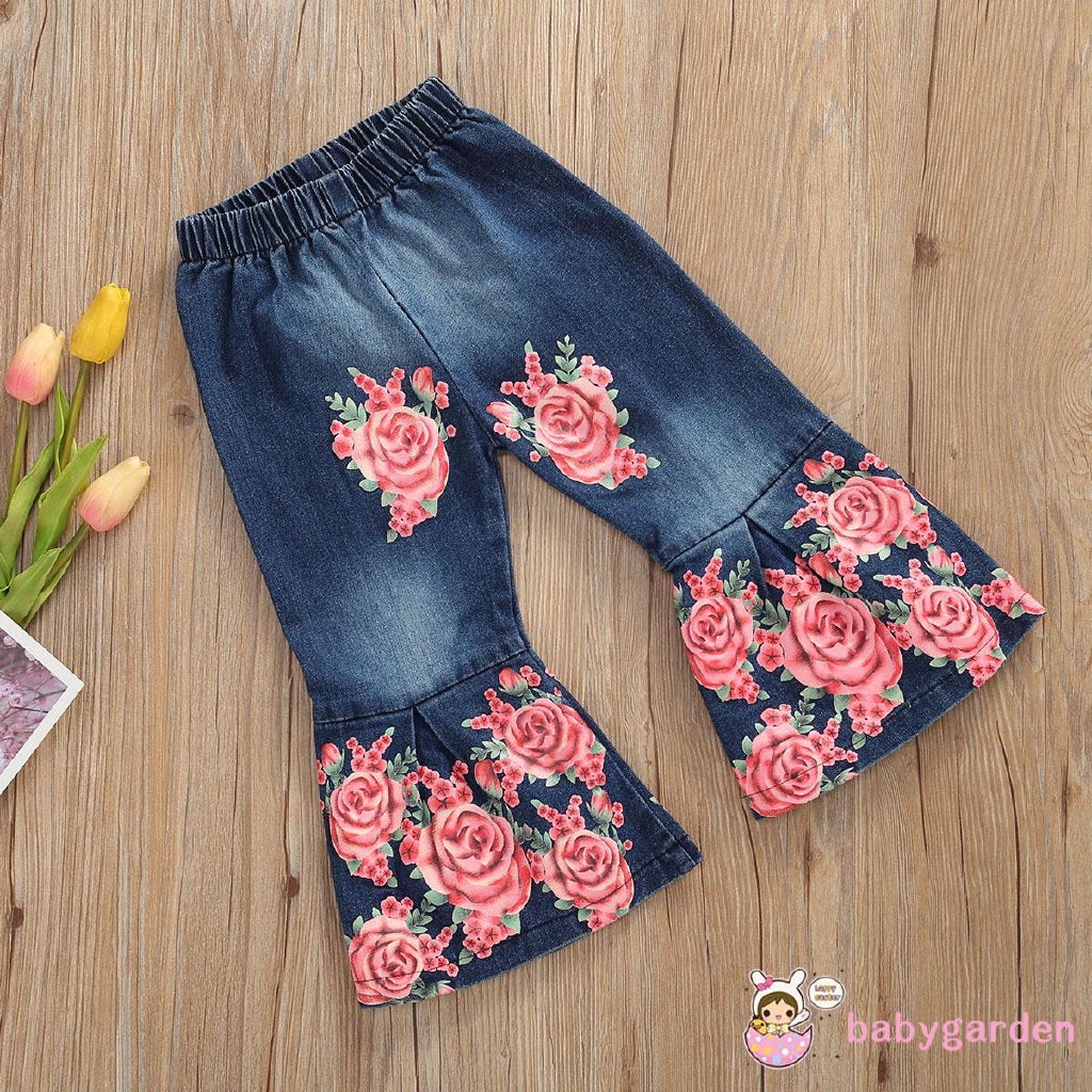 Quần Jeans Dài Ống Loe In Hoa Cho Bé Gái