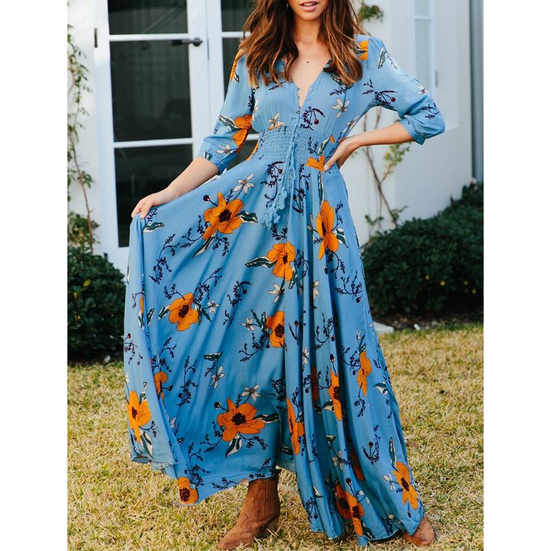 Đầm Maxi Tay Lỡ 3 / 4 Cổ Chữ V Họa Tiết Hoa Phong Cách Bohemian