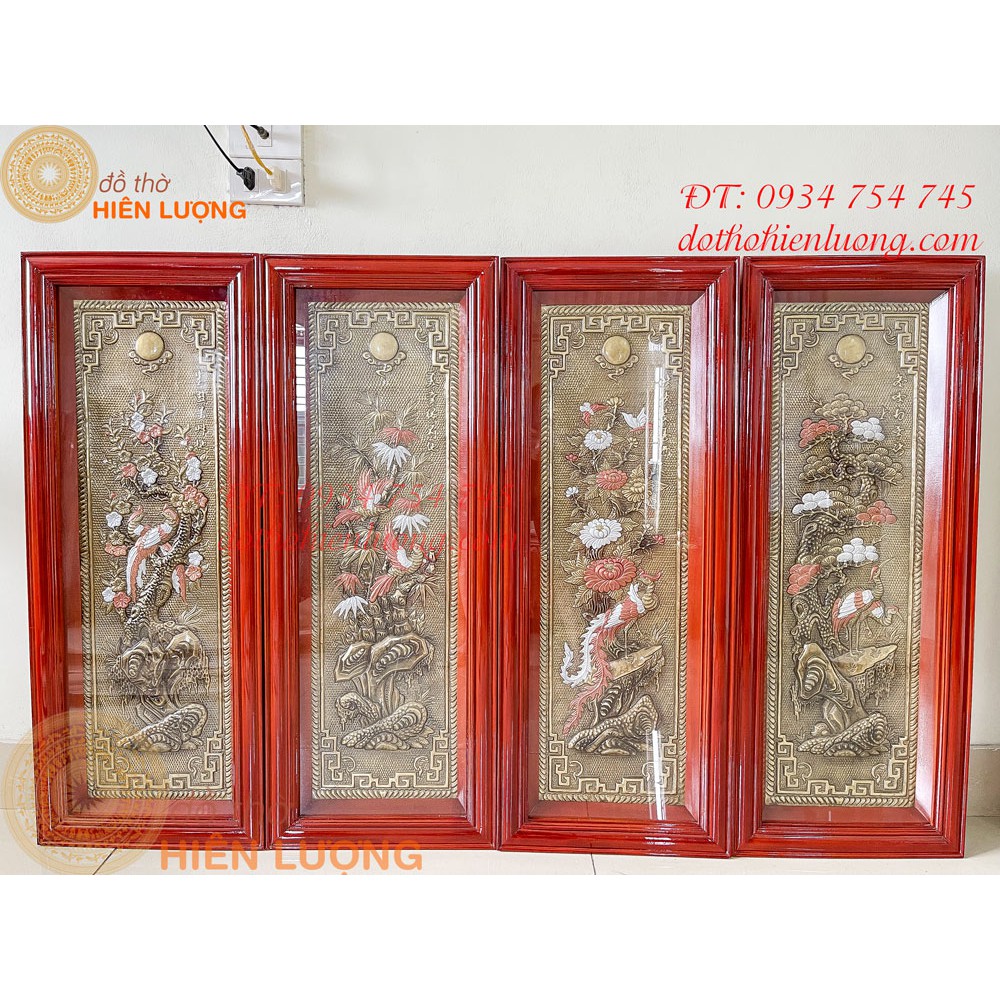 Tranh Tứ Quý Tùng Cúc Trúc Mai Bằng Đồng Hun Giả Cổ Khung Gỗ Thịt 40x100cm